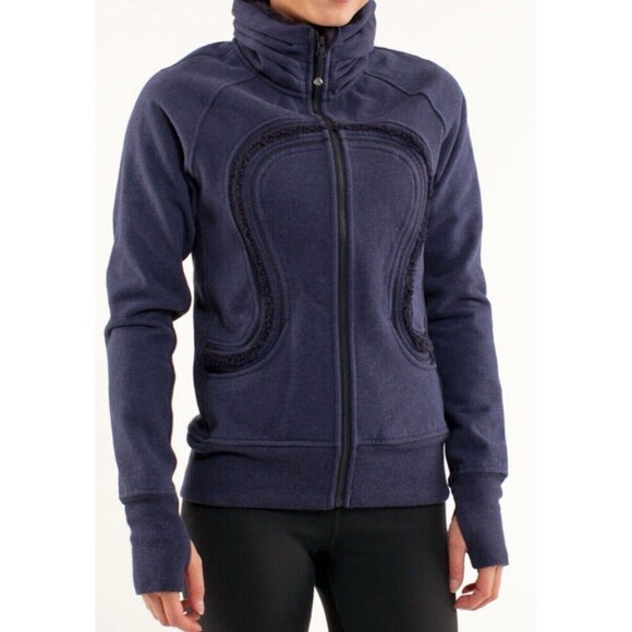 Lululemon Cuddle Up Fleece Zip Athletic Jacket Sz 6 Blue Turtleneck Thumbholes - Picture 3 of 5